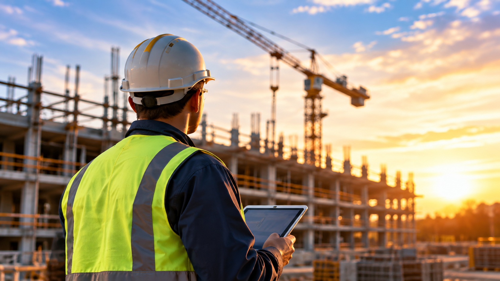 Construction professional reviewing a project at sunset