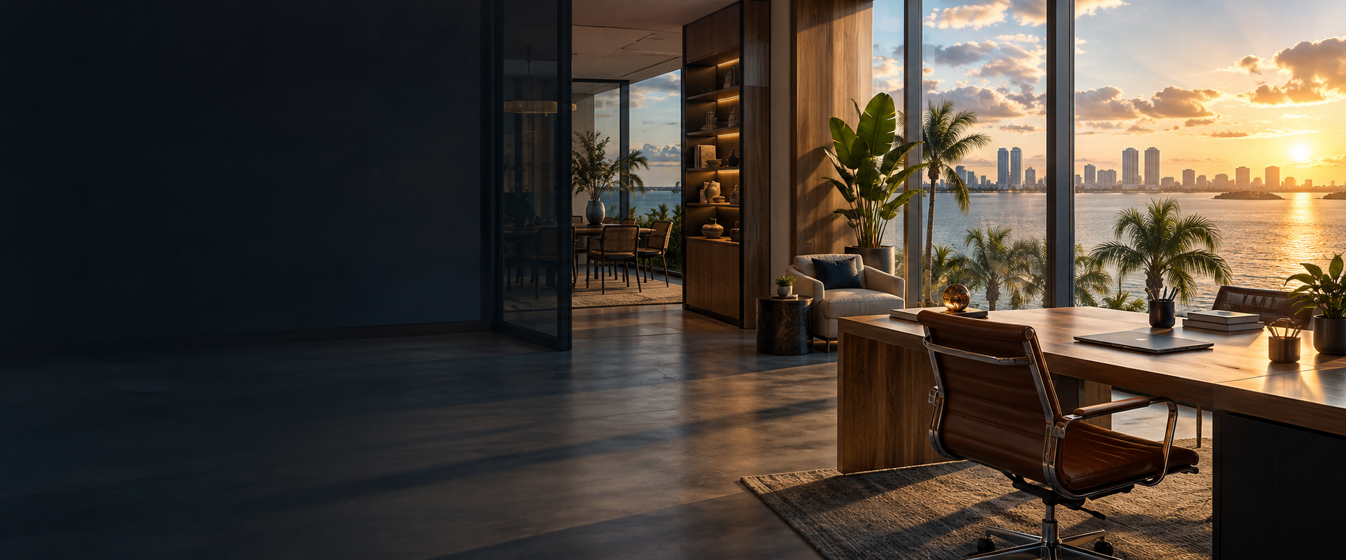 Sunlit Florida waterfront workspace overlooking the bay