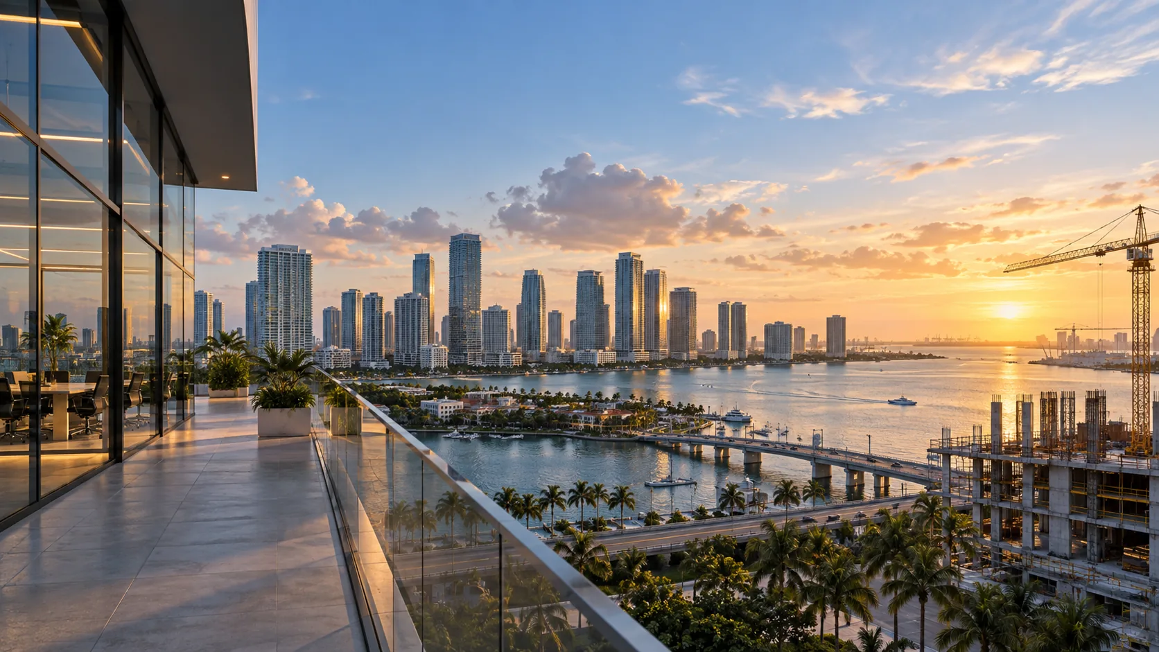 Office terrace overlooking the Miami waterfront and skyline at sunset