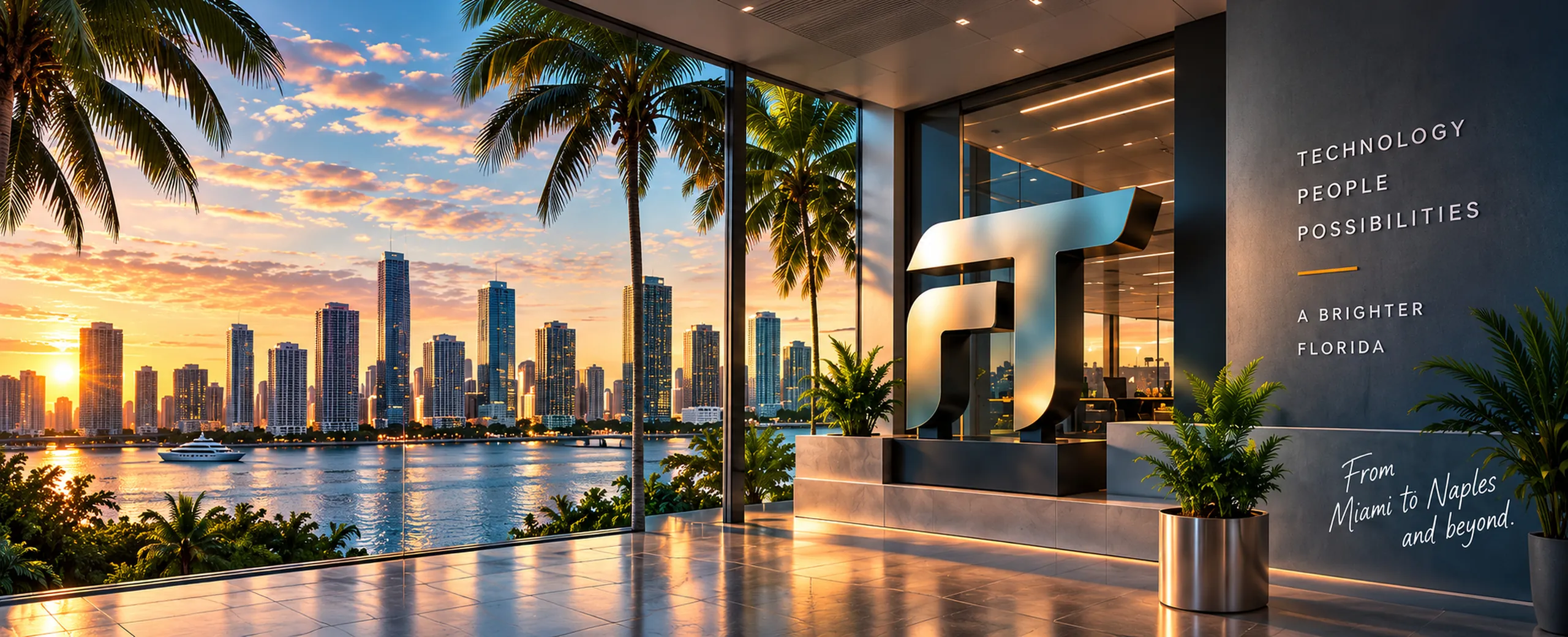 Miami skyline at sunset beside a modern glass office lobby with a sculptural FT emblem