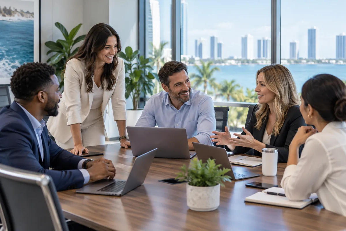 Team members collaborating around a table in a waterfront office