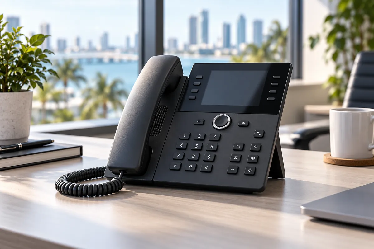 IP desk phone on an office desk