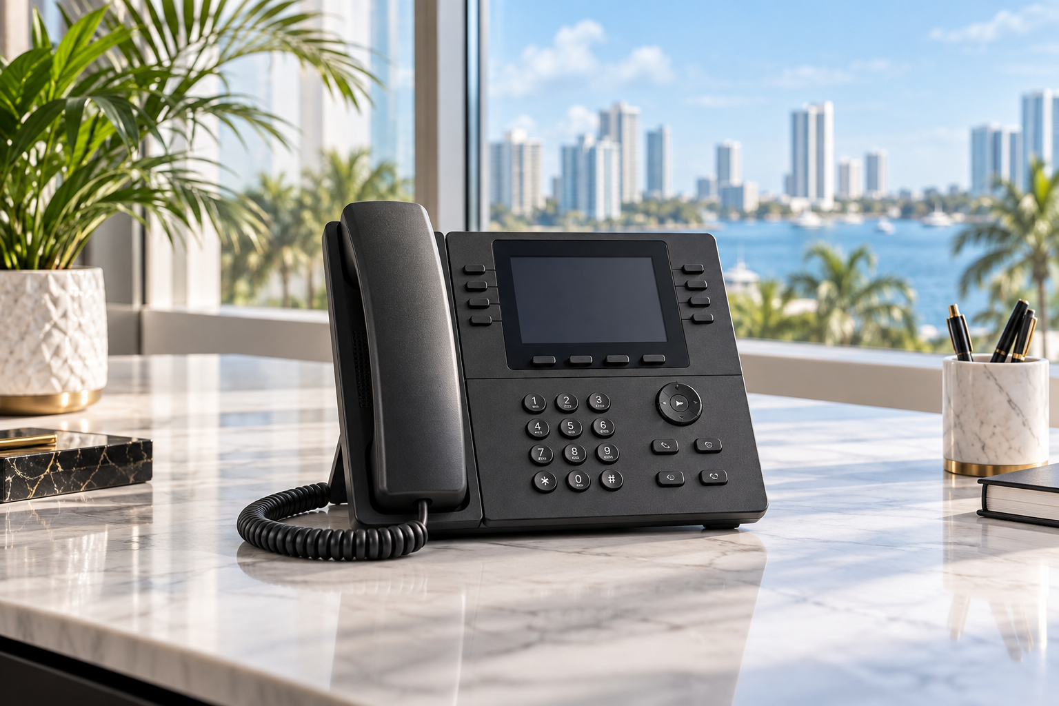 Modern black business VoIP desk phone in a bright South Florida office