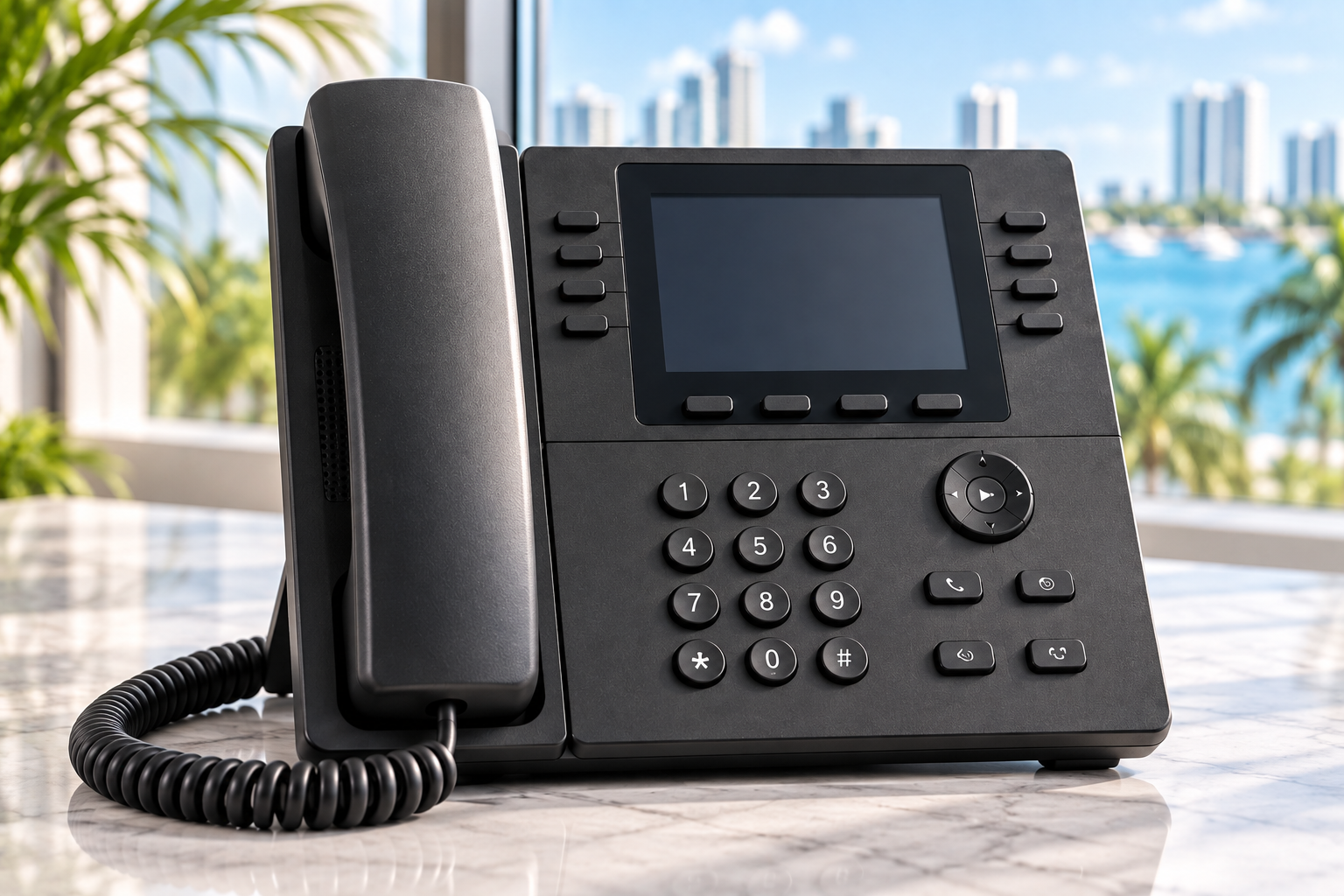 Close-up of a modern black business VoIP desk phone in a bright South Florida office